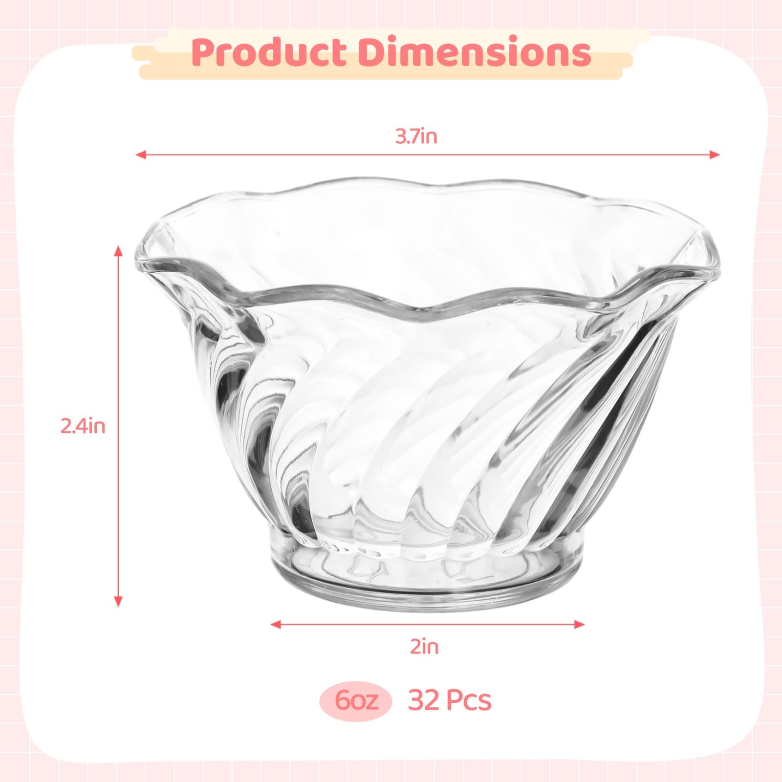 Homaisson Paquete de 32 vasos de postre de plástico de 6 onzas, mini cuencos de helado, remolino transparente, en forma de tulipán, cuencos de degustación de Sundae, tazas redondas para servir bufé,