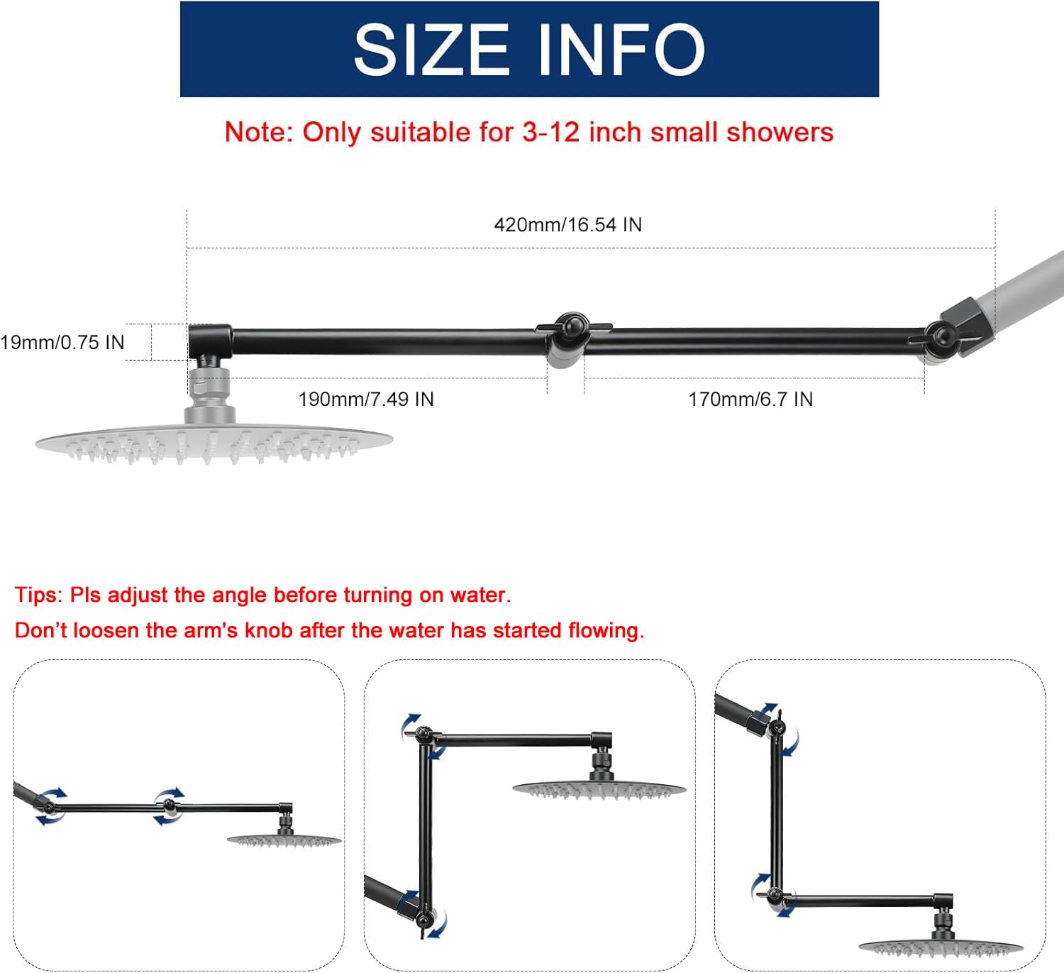 NearMoon Verstellbarer Duscharm Mattschwarz – 40,6 Cm, 3 Einstellungen, Massives Messing, Werkzeuglos Montierbar