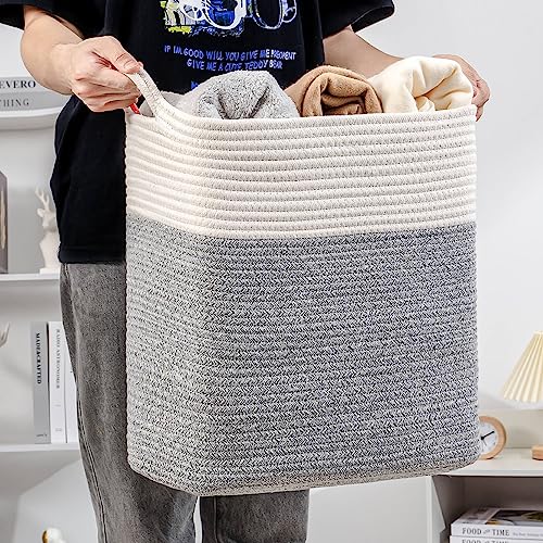 Laughbird Laundry Basket，Small Slim Laundry Hamper,Tall Cotton Storage Basket With Handles,Decorative Blanket Basket For Living Room,Collapsible Large Basket For Toys,Dirty Clothes Baby Pillows,Clothes Bin-15"X10"X15.7"In-(White/Grey) #TOP1