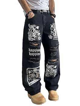 DFGIGT Men's Baggy Jeans Streetwear Sun and Moon Printed