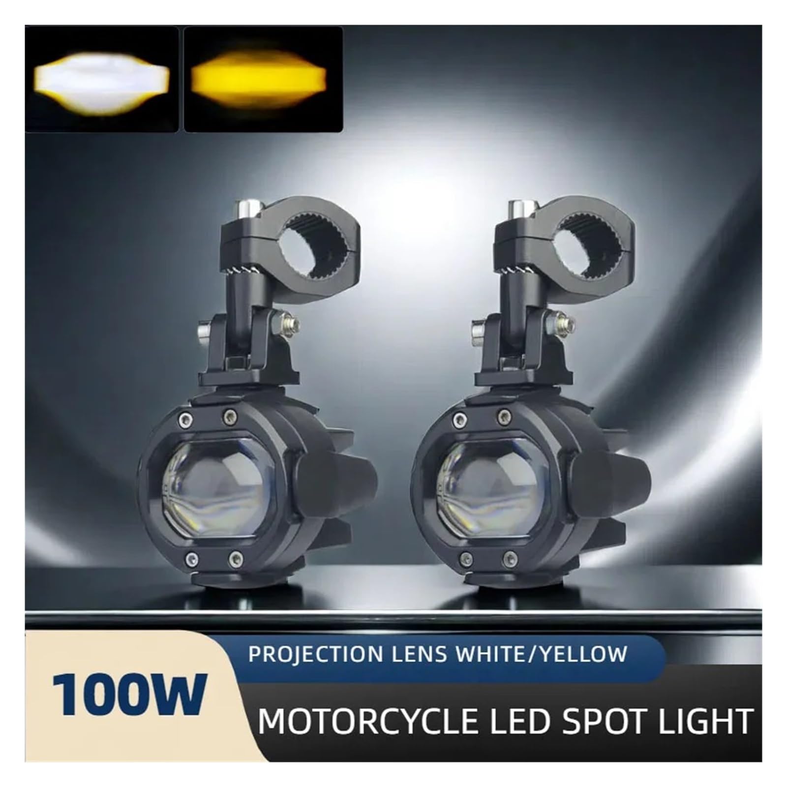 Motocicleta Delantera Faro Lámpara Conducción Motocicleta 100W Luz LED Auxiliar Motocicleta, Focos Conducción, Luces Antiniebla Led Blancas/ámbar Soportes Montaje Faro Delantero(Light and wire)