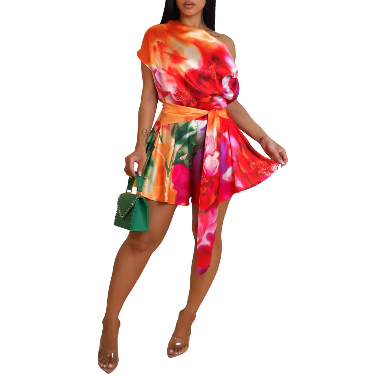 Combishort D'éTé DéContracté pour Femme ModèLe Sexy à Col AsyméTrique Découpes Et Ceinture Tenue De Vacances Et De Soirée