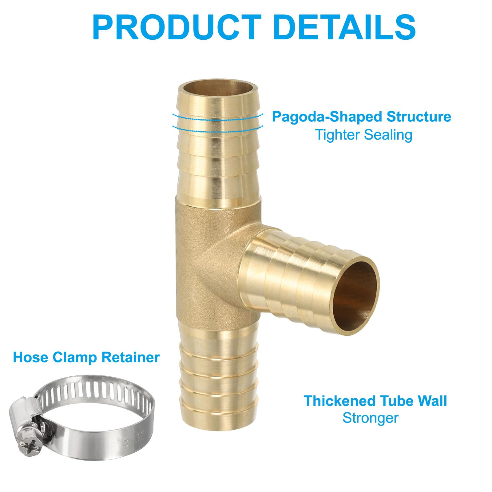 PATIKIL 2 Pcs 1" Raccord en T en Laiton pour Tuyau 3 Voies Union Doré | Intersection T Forme, Barbelé Divisé, Avec Colliers, Pour Air Eau Carburant Gaz Liquide