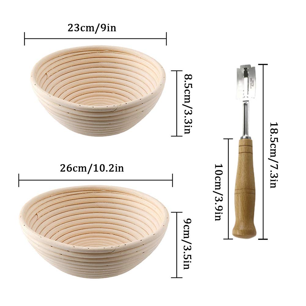Cestello per la Preparazione del Pane/Cestini di lievito Naturale Banneton/Ciotola in Rattan in Aumento con Liner e taglierina per Pane, per fornai Professionisti,10.2in
