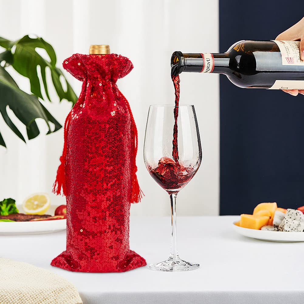 Eternal Beauty 4 Pcs Wine Bags with Drawstring, Sequin Bottle Cover for Birthday Wedding(14"x6"-Red)