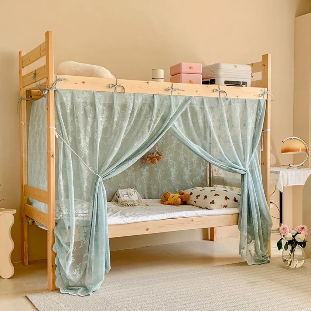 SCMTYWCQ 4 Corner Post Students Dorm Bunk Mosquito Net Bed Canopy Netting Students Bed Curtains for Student Dormitory School College (Blue-Lace Canopy, Twin XL)