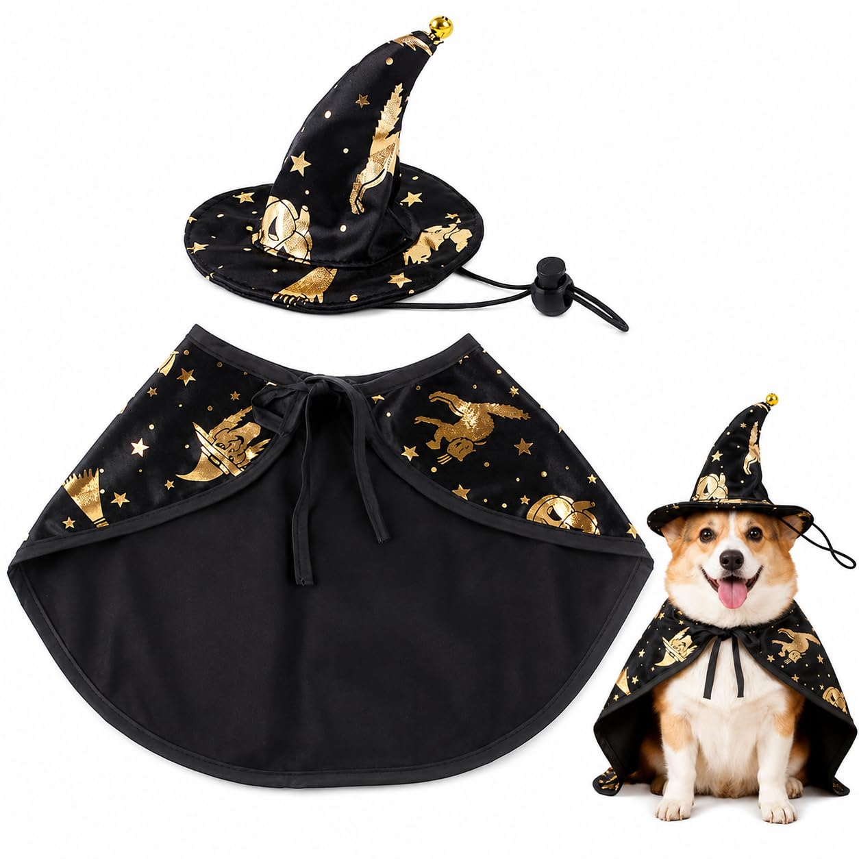 Dog Halloween Costume L Size, Witch Cape with Pumpkin Design and Wizard Hat for Medium Large Dogs, Adjustable Pet Fancy Dress Outfit for Halloween Parties, Photos and Events