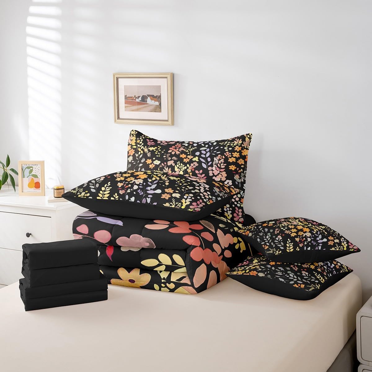 Erosebridal 7 Piece Boho Yellow Floral Full Bedding Set for Kids Girls Women,Colorful Flowers Comforter Set with Sheets,Watercolor Wild Flower Bed Set Rustic Country Bed in a Bag with Pillowcases