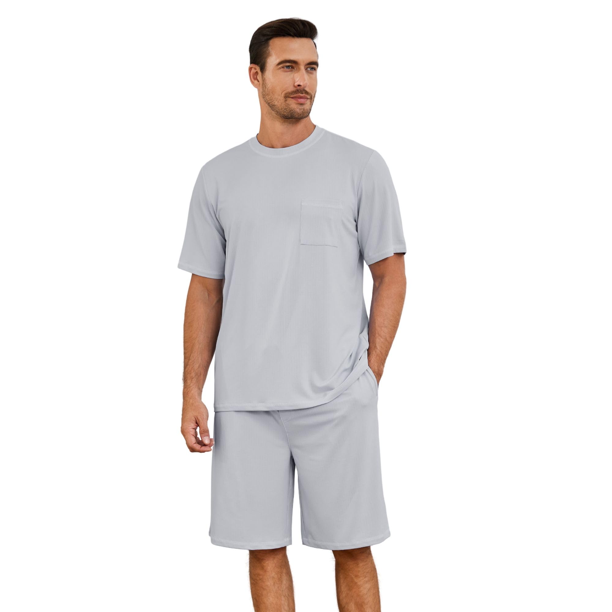 Mens Pajama Set, Soft Short Sleeve Lounge Set Pullover Pjs 2 Piece Outfits with Pocket