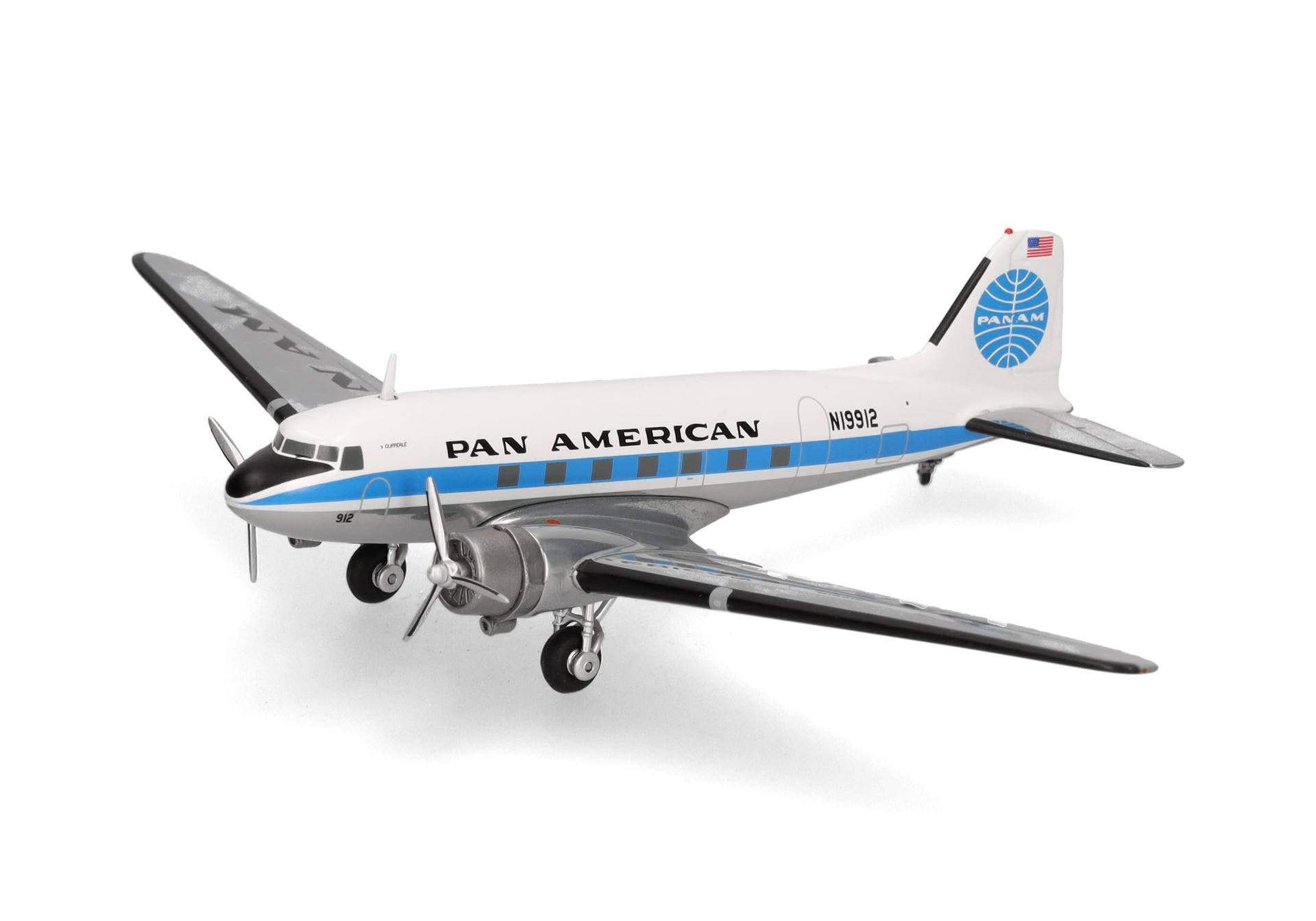 herpa Modellflugzeug Pan American World Airways Douglas DC-3, Miniatur im Maßstab 1:200, Sammlerstück, Modell mit Standfuß, Metall, Weiß, Blau