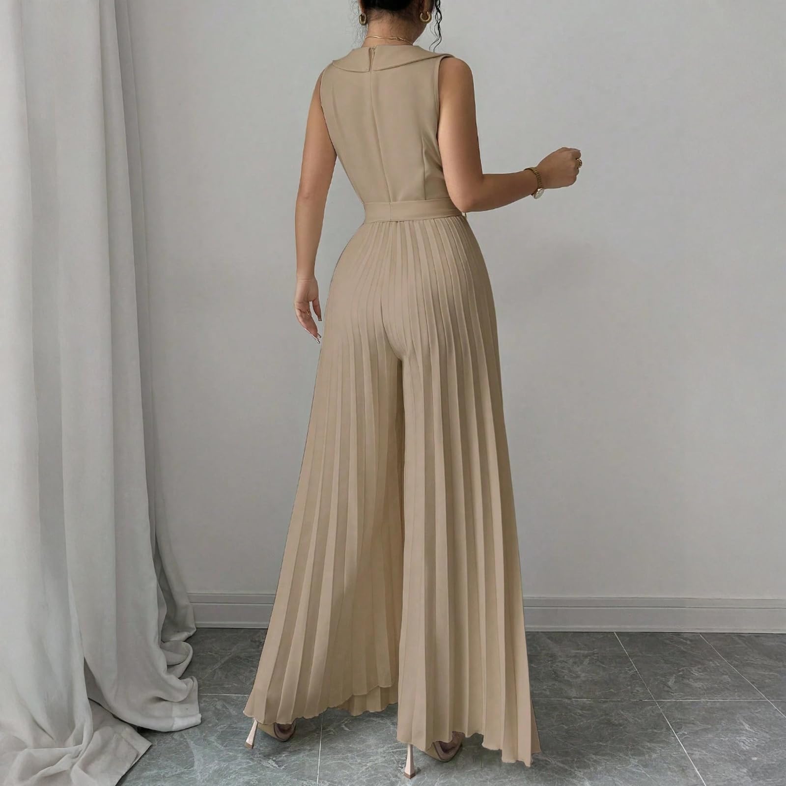 FUPODD Hosenanzug Damen Festlich Elegant Hochzeit Jumpsuit Damen Sommer Lang Plissee Weites Bein Overall Hochzeitsgast Ärmellos Buisness Jumpsuits Mit Gürtel Einteiler Party Romper Cocktail Playsuit