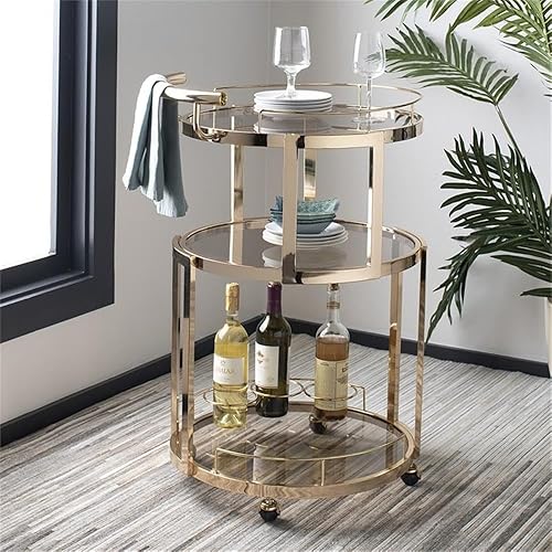 Miniatura 2 de Safavieh Home Collection Rio Gold and Tea - Carrito de barra redonda de 3 niveles y estante para vino