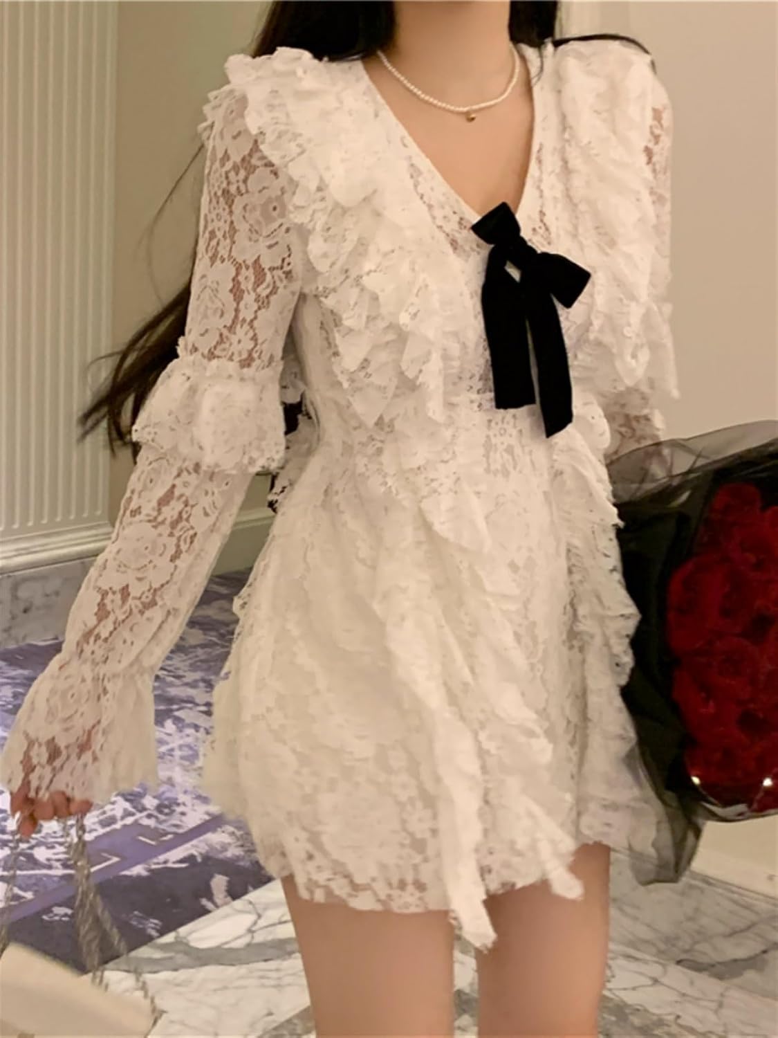 Elegant Fairy Dress Women Japanese Sweet Princess Lace Party Dress Beach Evening Y2k Mini Dress (Color : White, Size : X-Large)