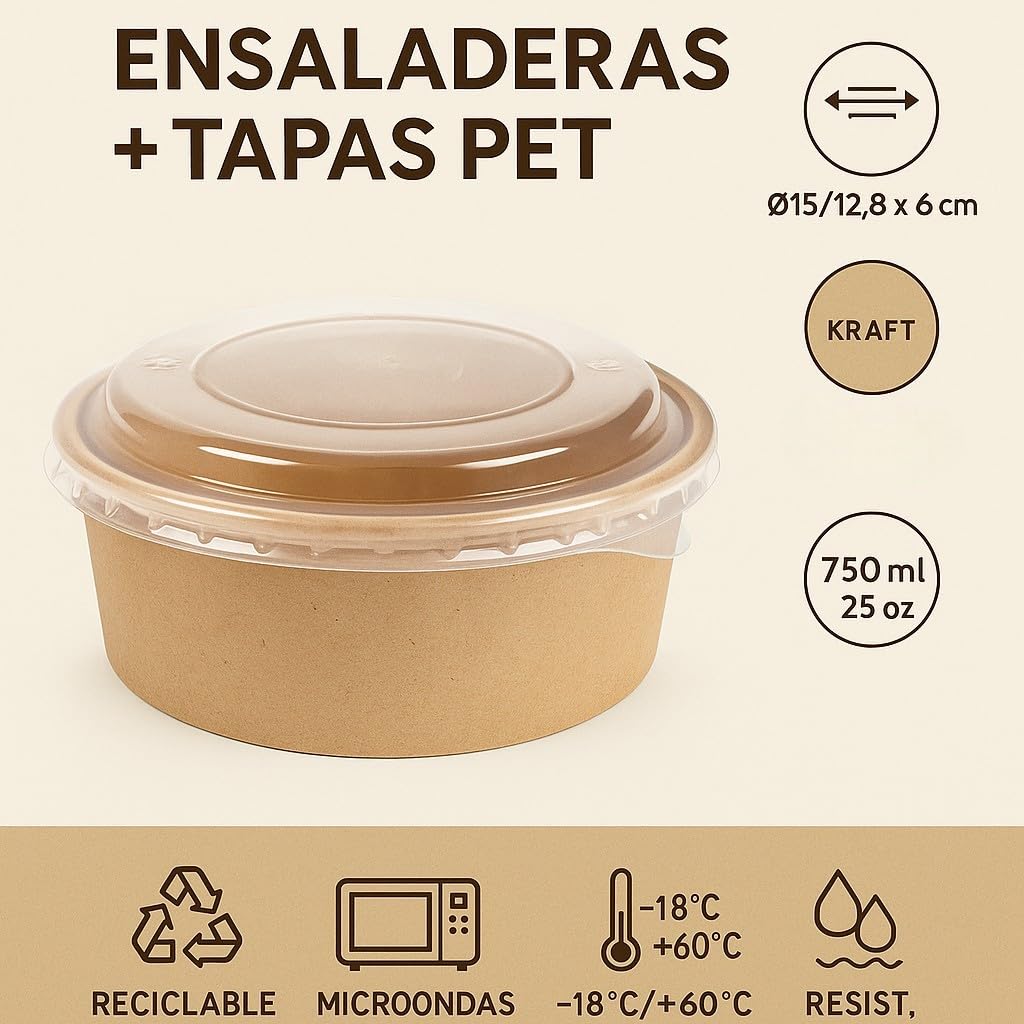 200 Ensaladeras Kraft 750 ml con Tapa PET Transparente, Envases Resistentes para Ensaladas, Pasta y Take Away, Aptas para Microondas