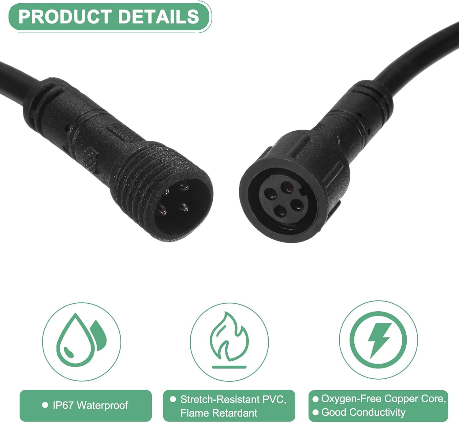M METERXITY 2-Pack Waterproof Extension Cable, 4 Pin 9.84 Ft/3m Extension Cord Wire with 22AWG IP67 Male and Female Connectors for Outdoor Spotlights/LED Deck Lights [Black]
