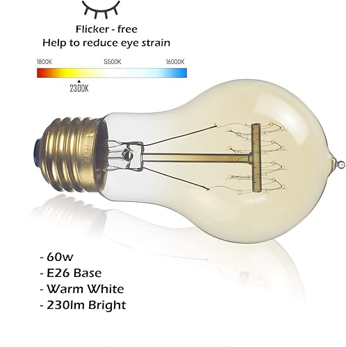 Miniatura 3 de Jslinter Paquete de 6 bombillas Edison de 60 vatios, regulables, A19, antiguas, vintage, antiguas, incandescentes, E26, ámbar blanco cálido
