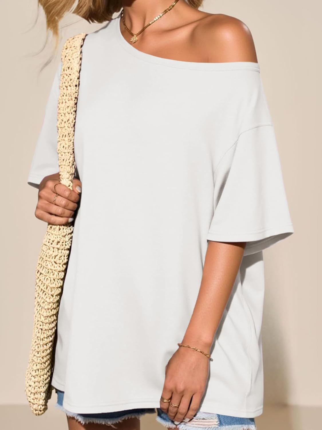 Tankaneo Womens Oversized Off The Shoulder T Shirt Cotton Short Sleeve Casual Tunic Tops Summer Loose Fit Flowy Tees - Image 4