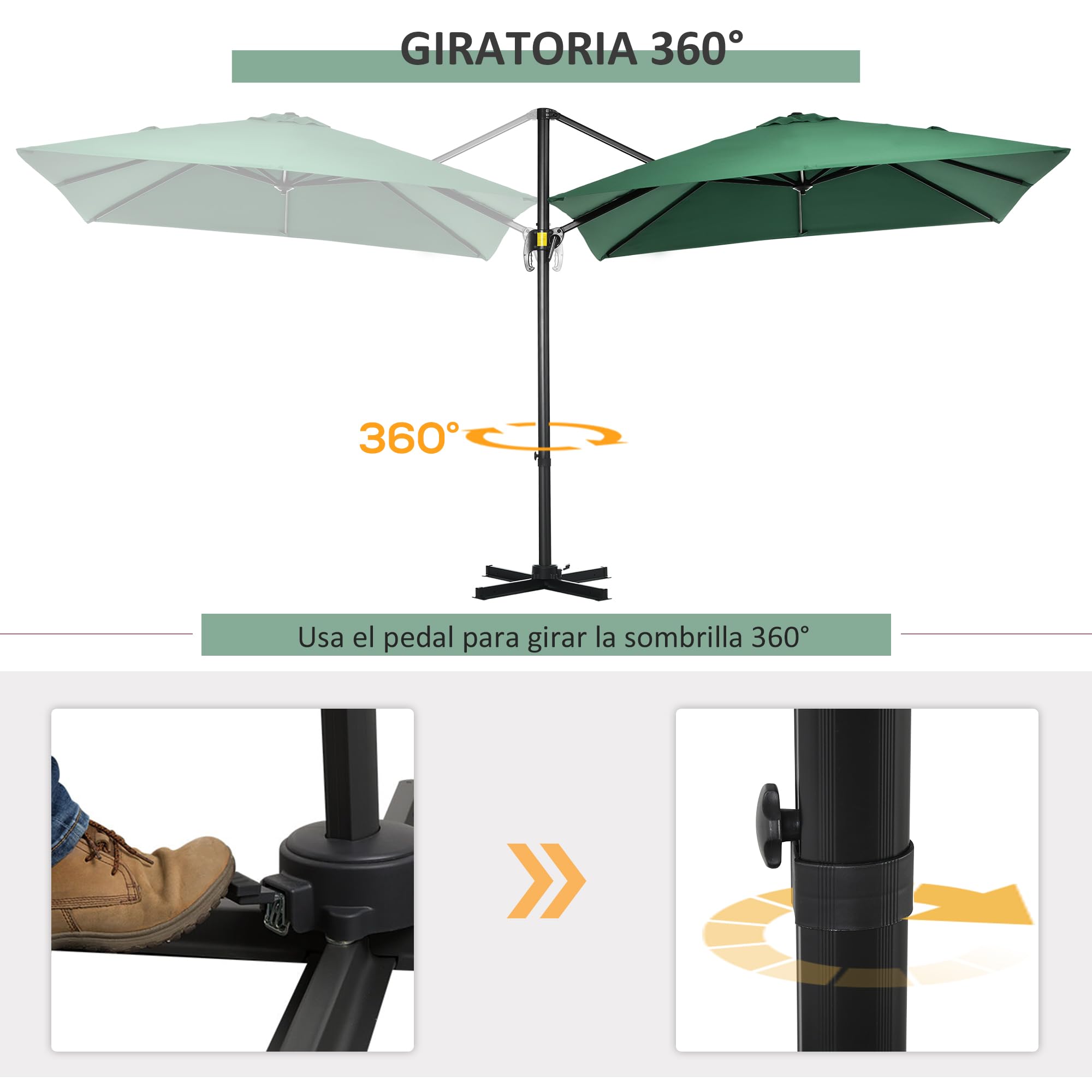 Outsunny Sombrilla de Jardín de Aluminio 245x245x245 cm Parasol Excéntrico con Manivela Giratorio 360° Inclinación de 5 Niveles Tela Poliéster 200 g/m² Desmontable y Ventilación para Patio Terraza