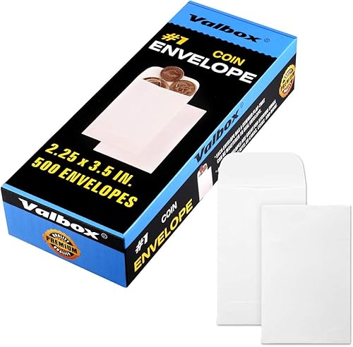 ValBox Sobres para monedas #1, 500 unidades, caja de 2.25 x 3.5 pulgadas, sobres de piezas pequeñas con solapa engomada para uso en el hogar, jardín