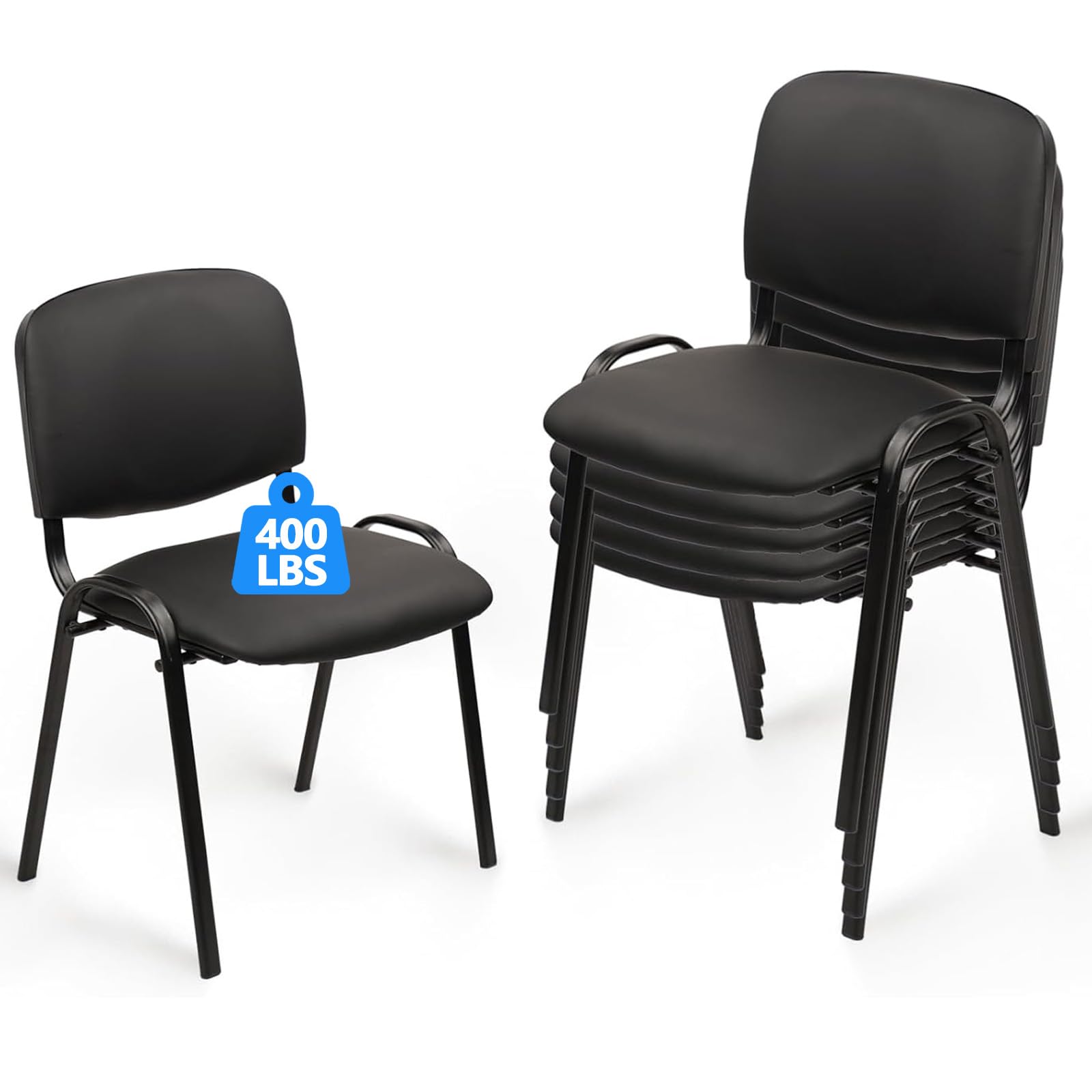 CLATINA Stackable Waiting Room Chairs, PU Leather Guest Reception Chair with Upholstered Thickene Seat and Back Support, Stacking Chair Metal Leg for Office School Church Conference, Black, 5 Pack