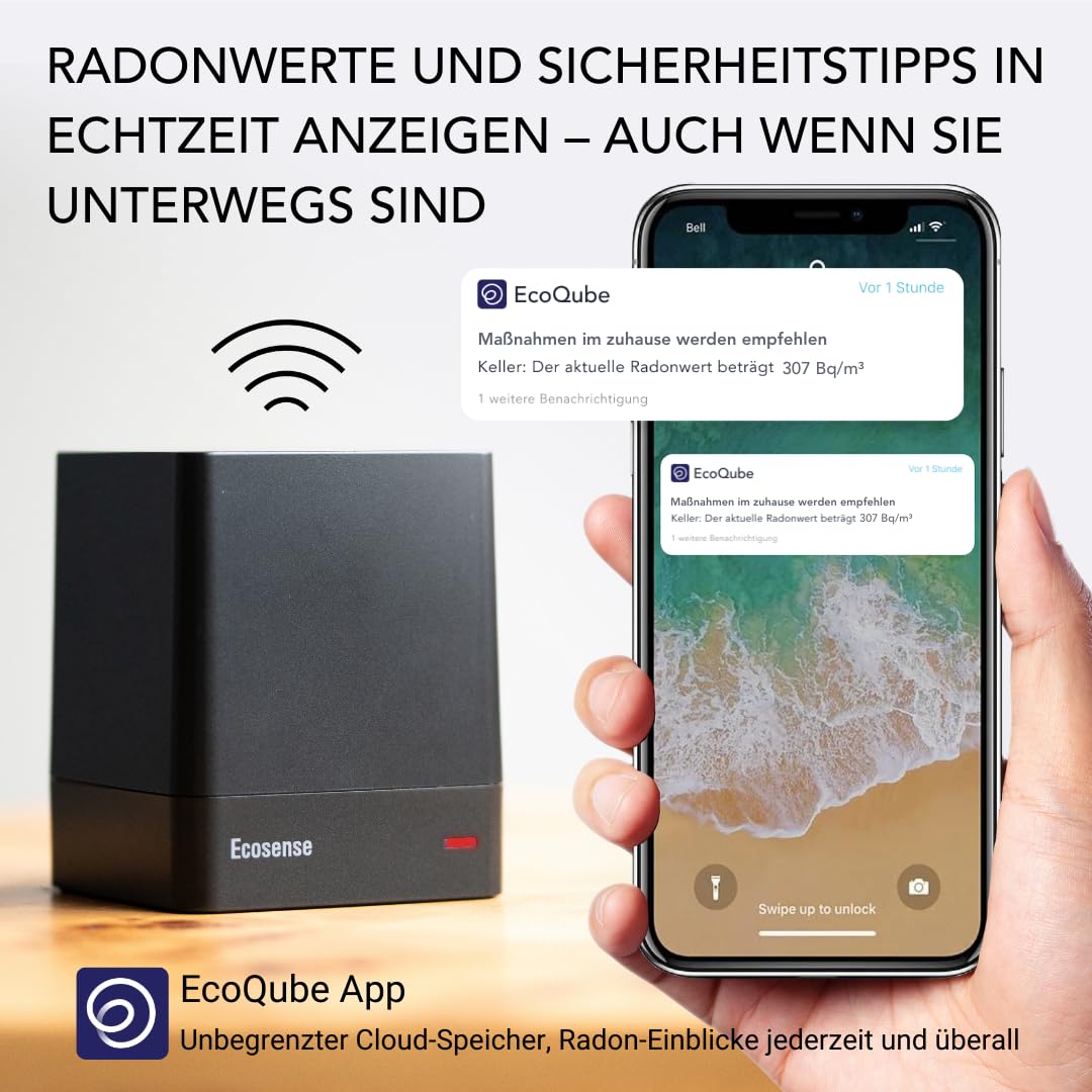 Ecosense EQ100 EcoQube, Digitaler Radon-Detektor, Schnelle Erfassung schwankender Werte, Kurz- & Langzeitüberwachung mit Trenddiagrammen, Fernzugriff auf Daten, Wi-Fi 2,4 GHz Netzwerke nur