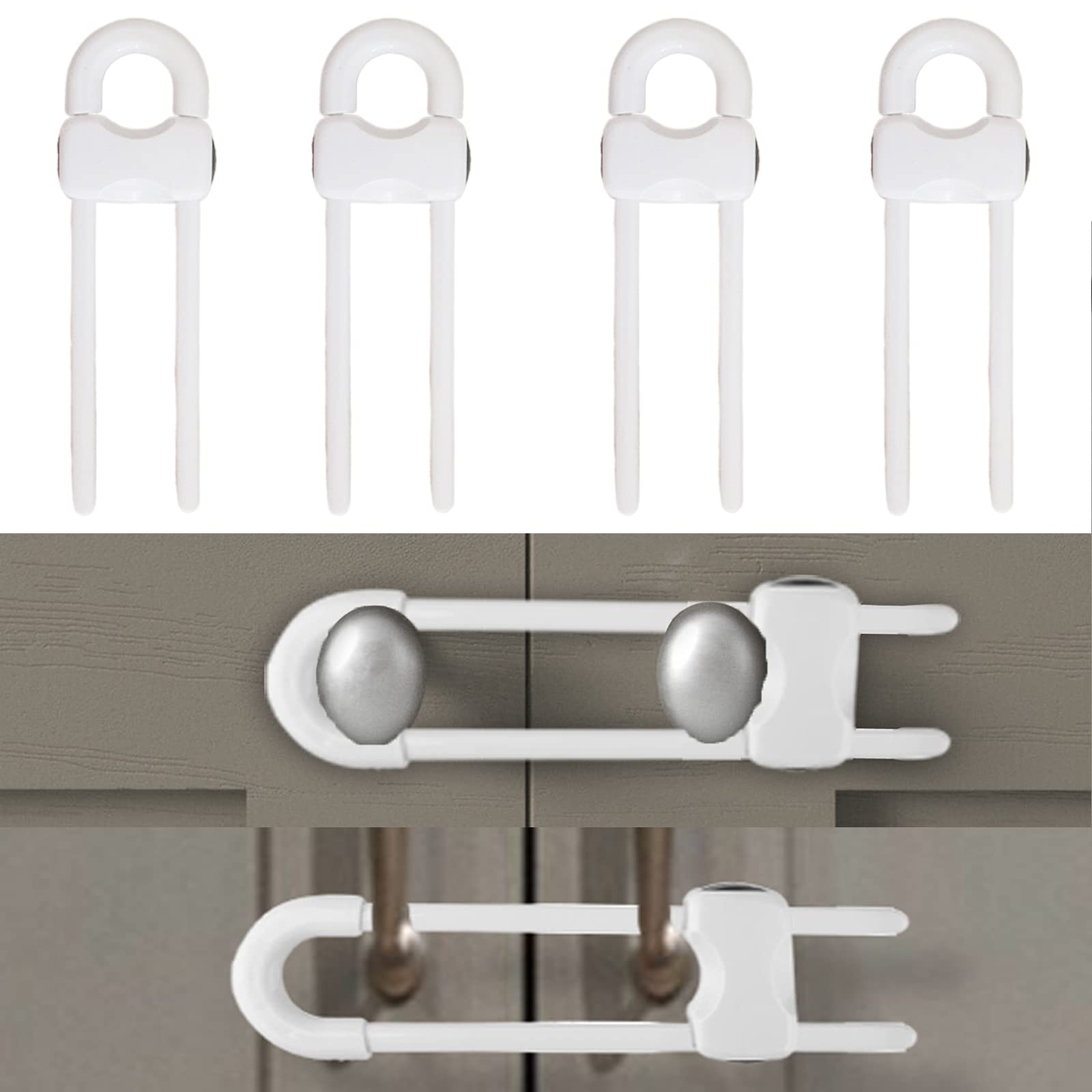 KUANSHENGSliding Cabinet Locks, Child Safety Locks U-Shaped Adjustable Child Proof Locks Multi-Purpose Latches for Drawers Closets Refrigerators Storage Doors Knobs Handles, 4PCS