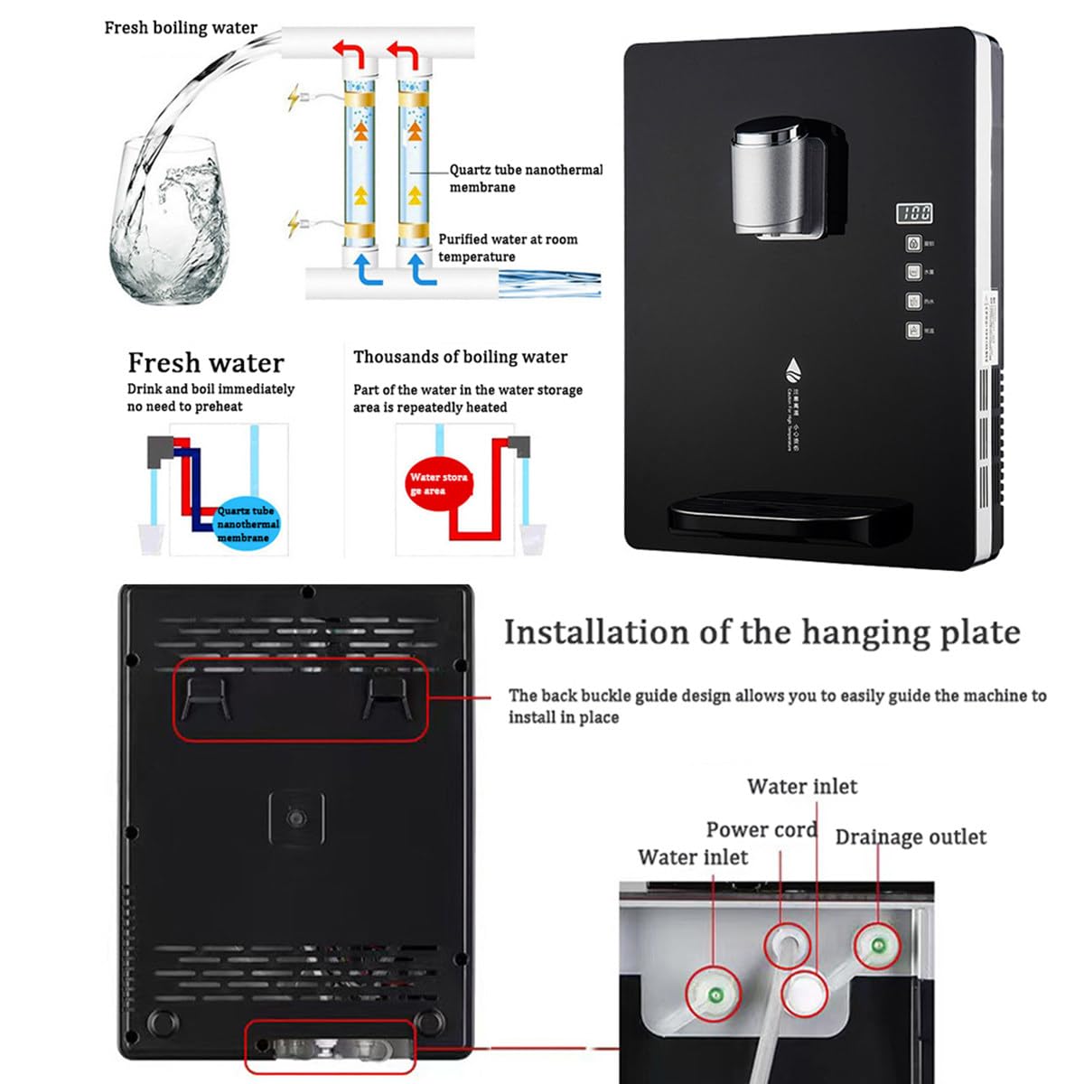 Dispensador De Agua De Pared Con Bloqueo ElectróNico Para NiñOs, Capacidad De 30 L/H, Agua Caliente Y Fría, Pantalla TáCtil Inteligente, Ajuste De Varias Velocidades Para Oficina,Black