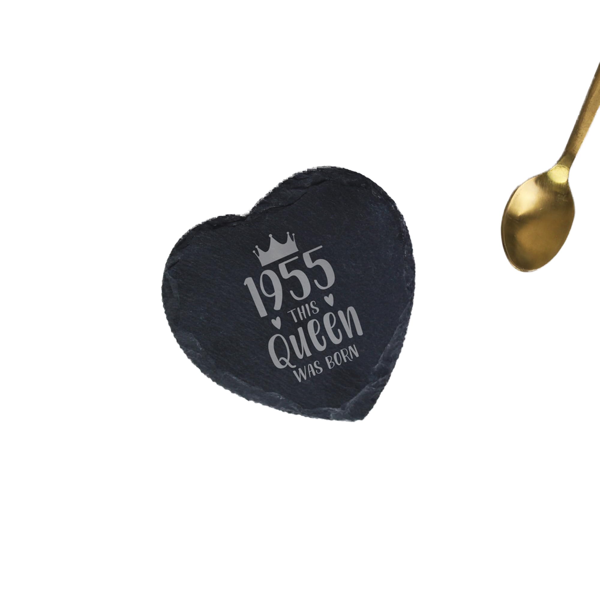 eBuyGB Engraved 1955 This Queen Was Born Heart Slate Coaster, 70th Milestone Birthday Gift for Women, Seventieth Gift for Her