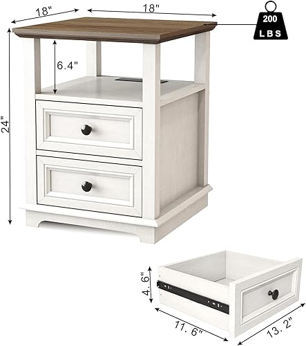 Miniatura 3 de Mesa auxiliar con estación de carga rápida USB C, mesa auxiliar de sofá de 24 pulgadas de alto con 2 cajones, armario de almacenamiento cuadrado de