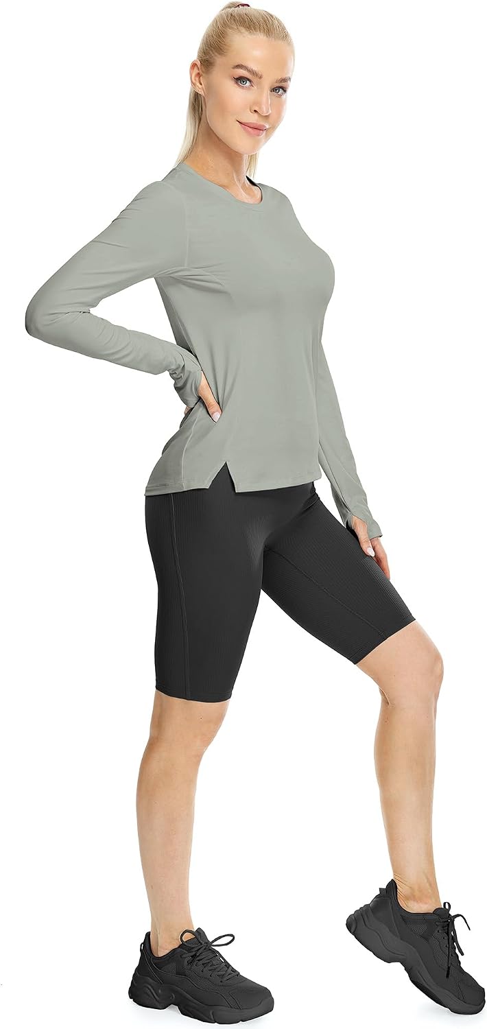 icyzone Women's Long Sleeve Workout Shirts, Athletic Crewneck Yoga Tops, Quick Dry Running T-Shirt with Thumb Holes