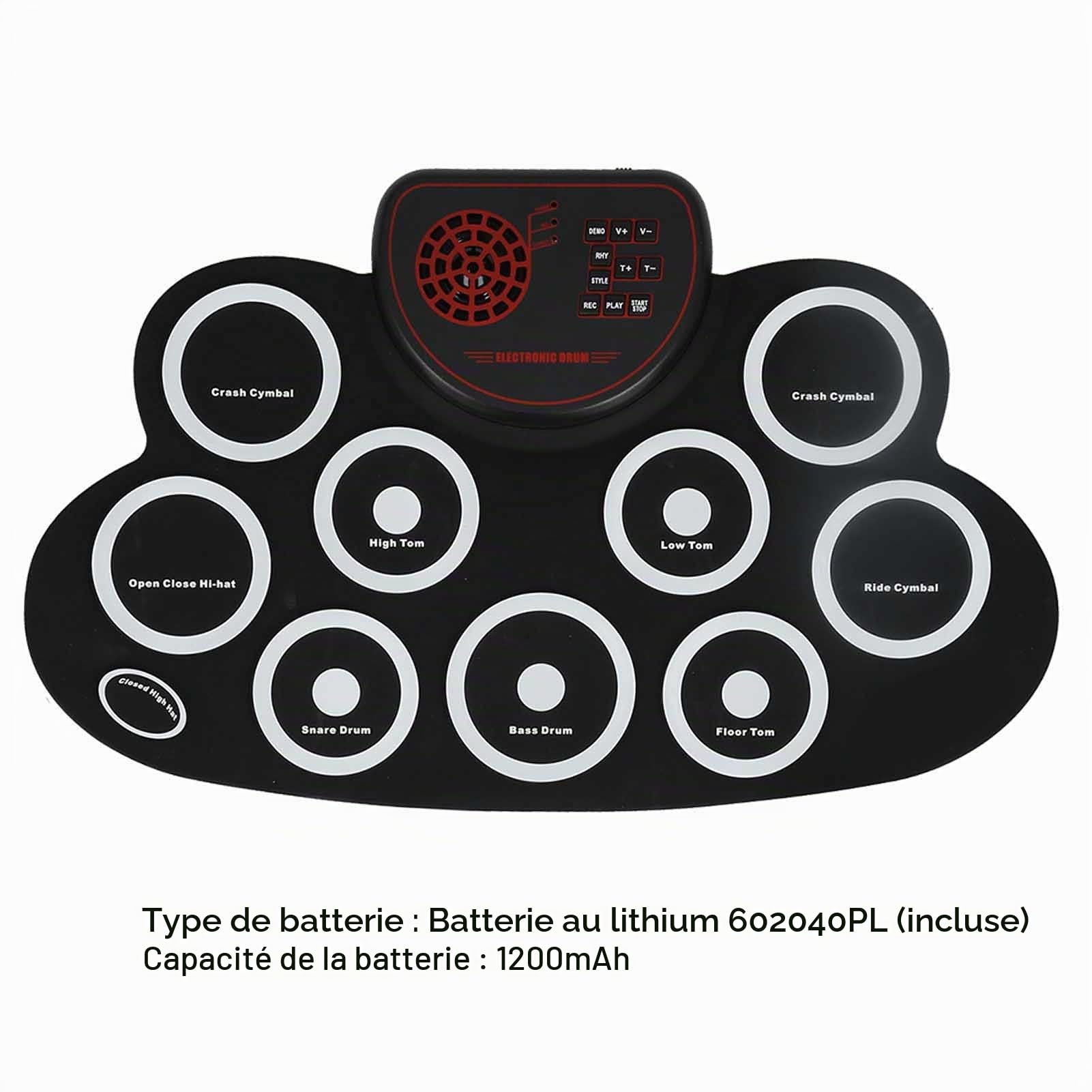 Batterie Electronique Enfant, Ensemble de Batterie Enroulable, 9 Pads, Kit de Batterie avec Pédales et Baguettes de Batterie, Double Haut-parleur intégré, Idéal