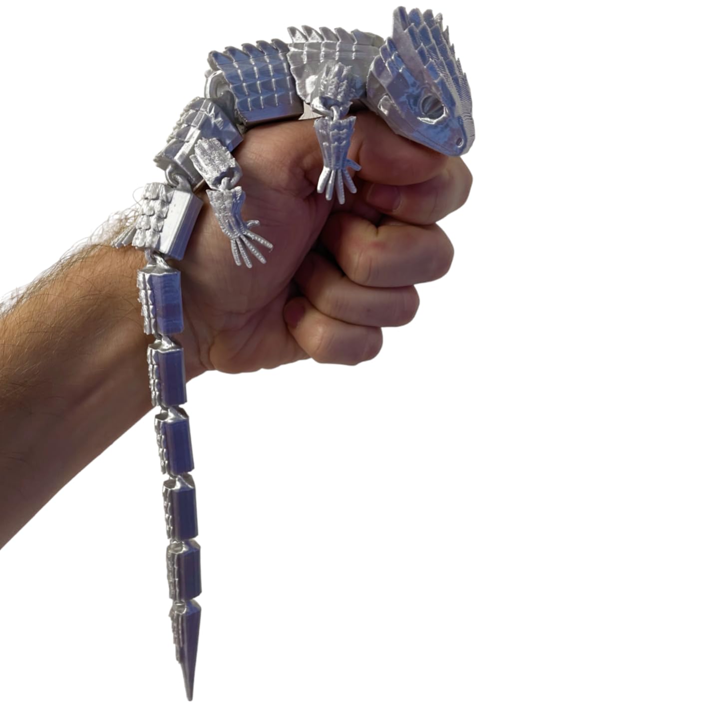RJW Design Store Large Reptile Fidget - Articulated Lizard, Anxiety Stress Relief, ADHD & Autism Friendly Bearded Dragon Fidget Pet (Silver)