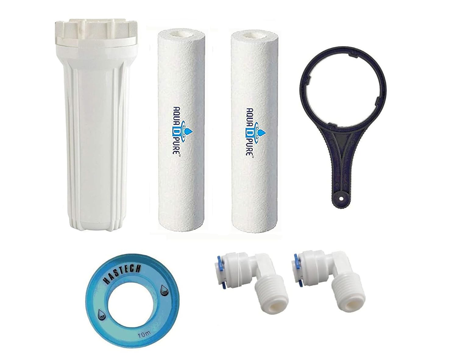 Aquadpure Pre Filter Housing Set Food Grade Material, 2 PP Spun, Spanner, Tape, and 3/4” connector 2 Compatible with All Type of RO Water Purifier-image-19