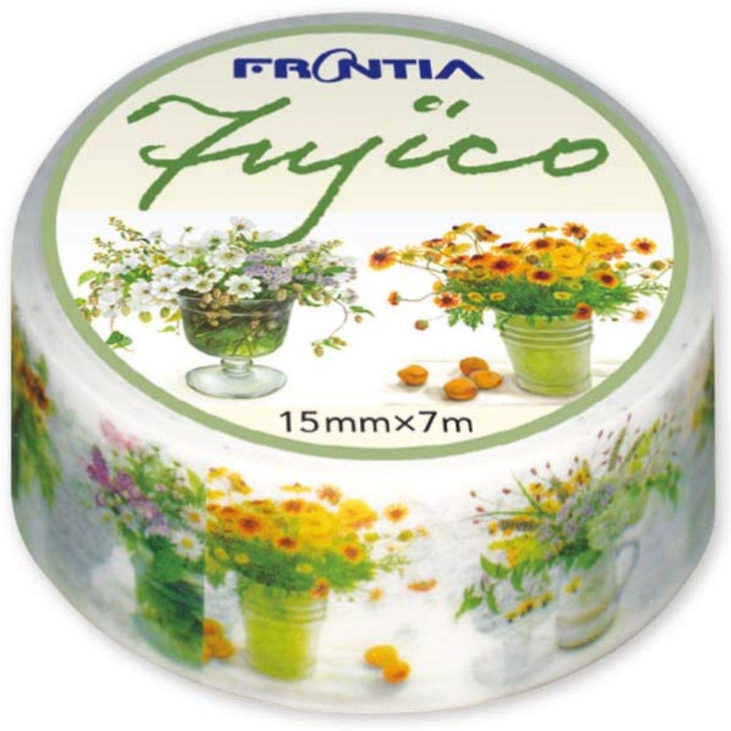 Frontia Japanese Masking Tape Flower Floral Design Fujico 0.6"x275.6" 15mmx7m (Flower Vase/White&Gold)