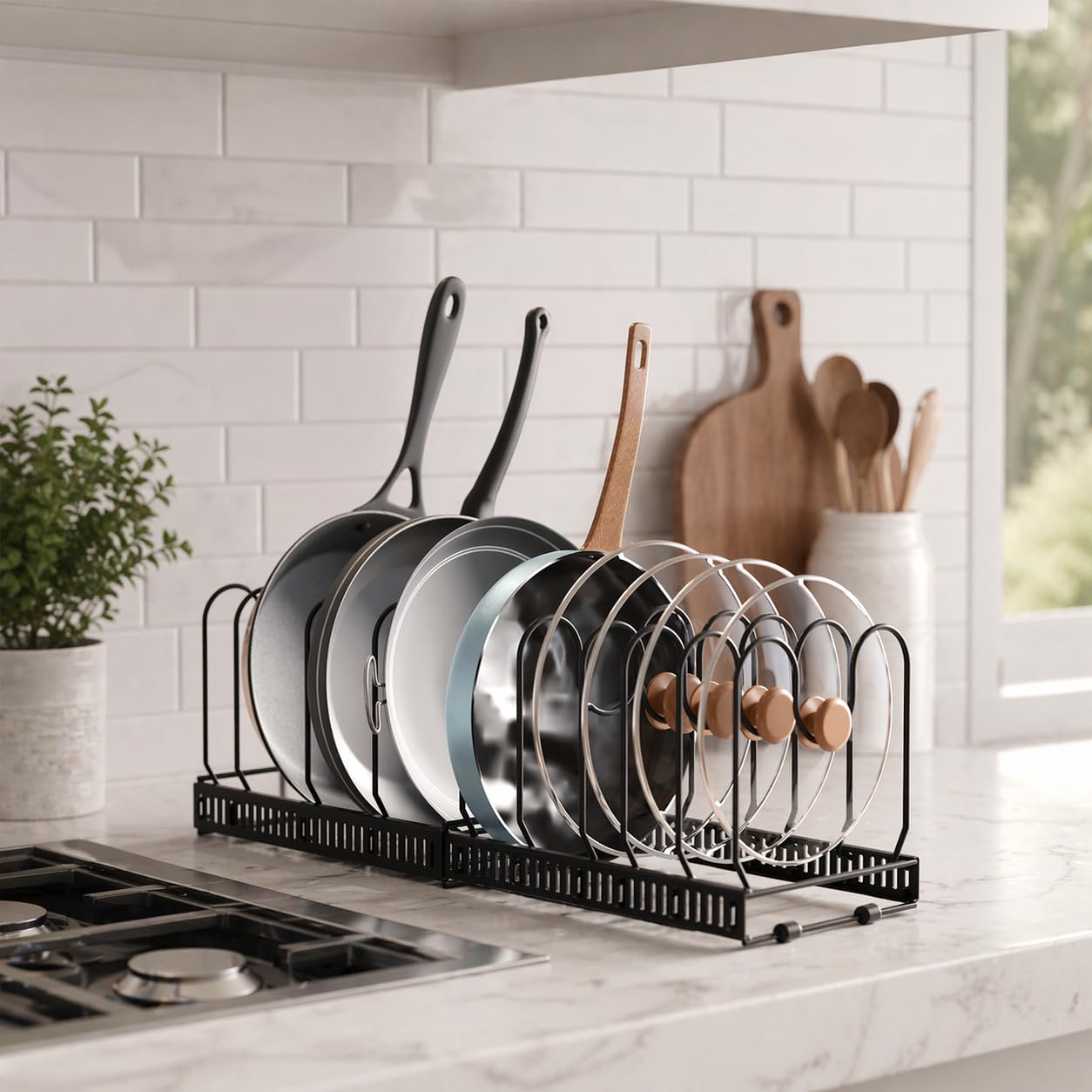Episent Black Expandable Pan Organiser Rack For Kitchen Cupboard, Adjustable Pot & Pan Lid Holder, Saucepan Lid Storage, Kitchen Storage & Organisation Solution (Expandable Pan Rack )