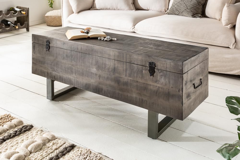 invicta INTERIOR Industrial Truhenbank Factory LOFT 115cm Mangoholz grau Sitzbank mit Stauraum Holzbank Truhe