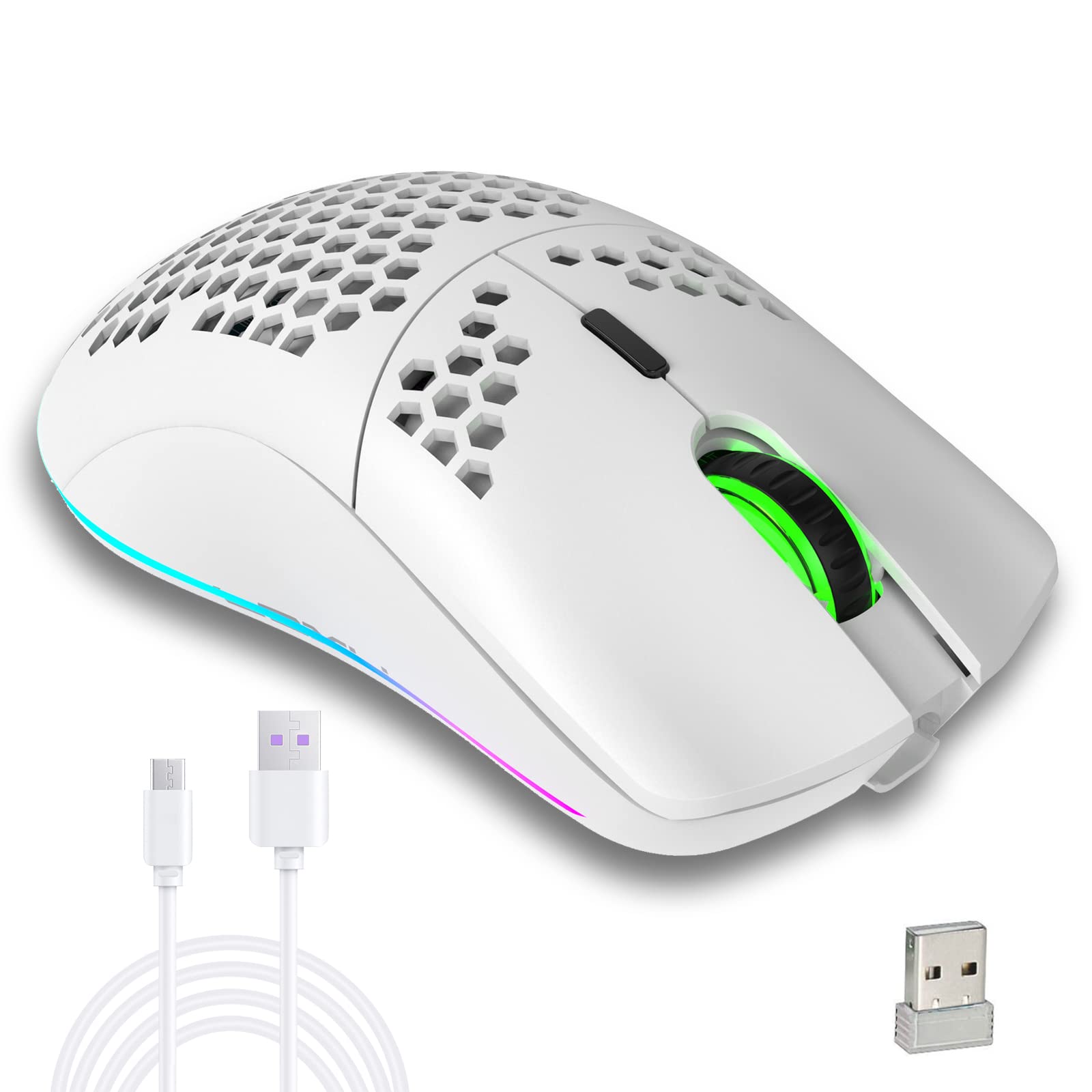 Aerbee Wireless Gaming Mouse, Honeycomb Hollow Design Ergonomic Wireless Mouse with Backlight, 6 Buttons 4 Speed Adjustable DPI Computer Mouse Rechargeable RGB Gaming Wireless Mouse for Mac Laptop PC