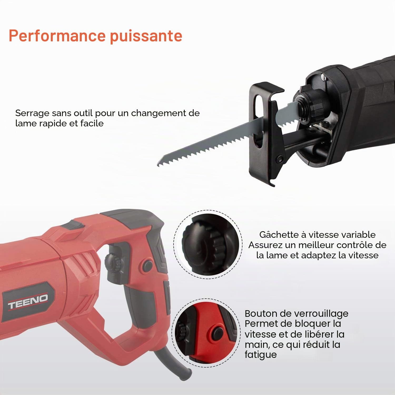 TEENO - Scie sabre, 850 W, avec câble, poignée pivotante (gauche et droite 90º), gâchette de vitesse variable, 2 lames (bois 6T HCS, métal 14T BIM), LED