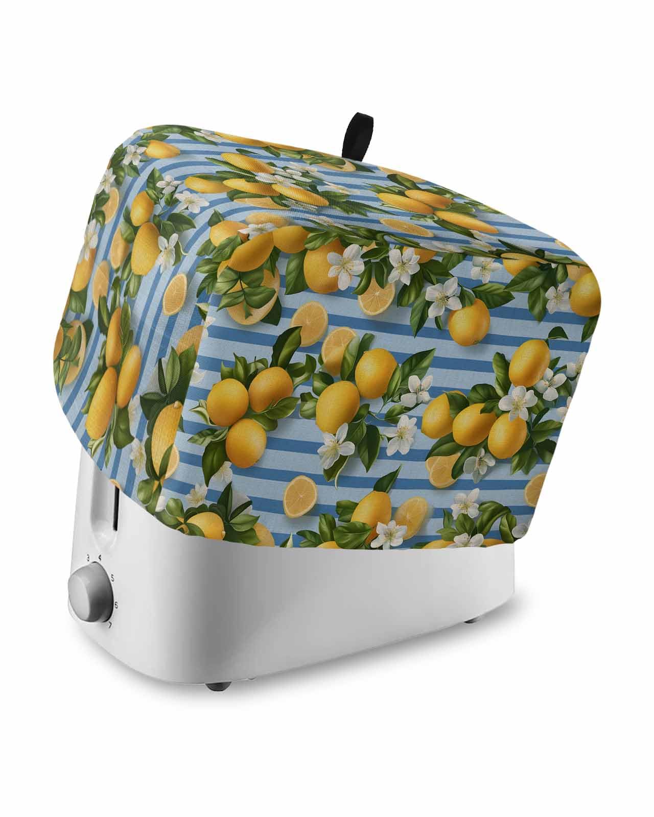Summer Lemon Toaster Cover 2 Slice, Farmhouse Botanical Fruit Blue Striped Dustproof Bread Machine Oven Cover with Storage Pockets, Fits Most Kitchen Toasters Protector