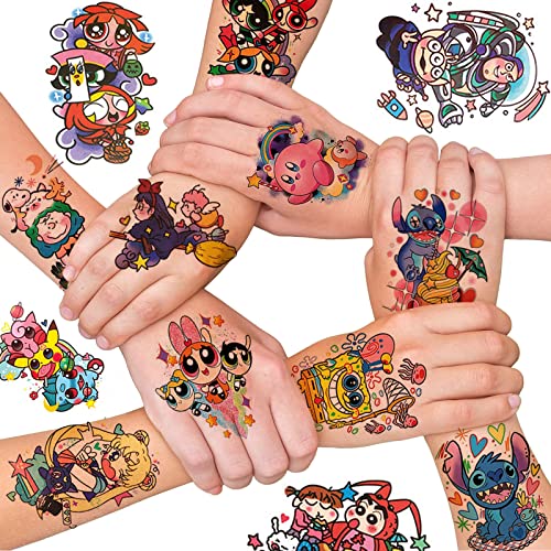 18 Sheets Cartoon Temporary Tattoo Stickers Spongebob Doraemon Sailor Moon Half Arm Tattoo Stickers for Boys Girls School Rewards Birthday Gifts Kids Decorations for Kids Party Supplies Favors Fake Tattoos Art Craft Lilo & Stitch large tattoo sticker