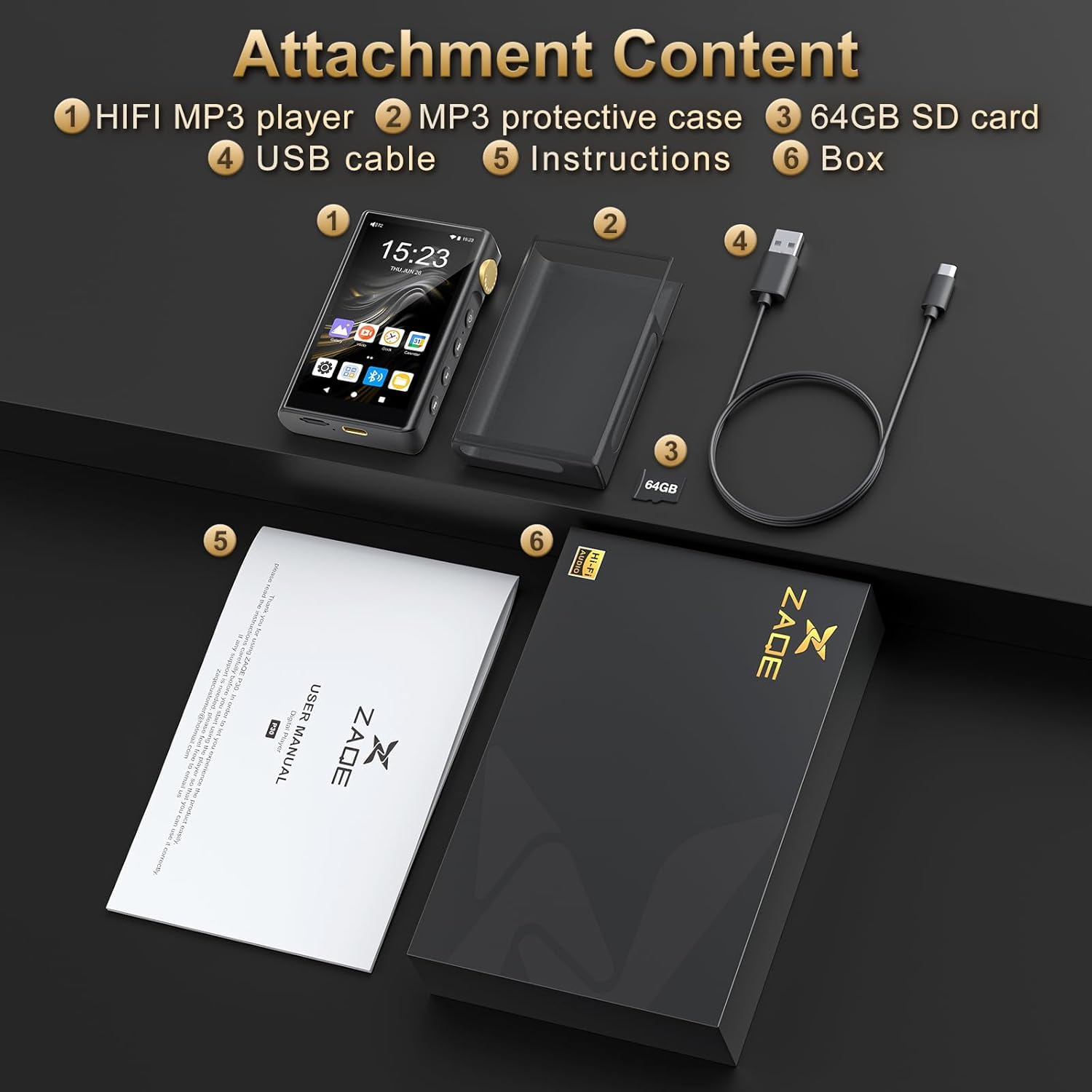 96GB HiFi MP3 Player with Bluetooth and WiFi, ZAQE Android 12 Hi-Res Music Player, Lossless DSD DAC Flac, High Resolution Music Player with 64 GB Memory Card, Supports up to 512GB