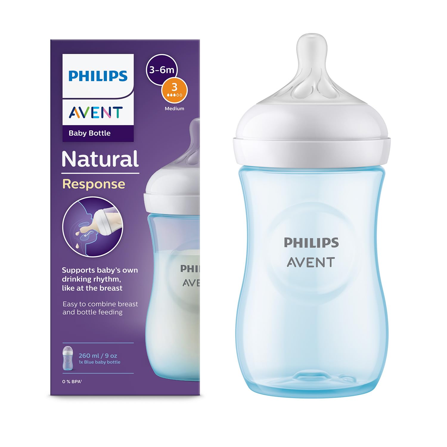 Philips Avent Blue Natural Plastic Baby Feeding Bottle | No.1 Brand Recommended by Moms Worldwide | Ideal for 1 months+| Natural Response Technology Mimics Breastfeeding | Uniquely Designed Nipple releases milk only when baby drinks | Pack of 1 | Blue | SCY903/21