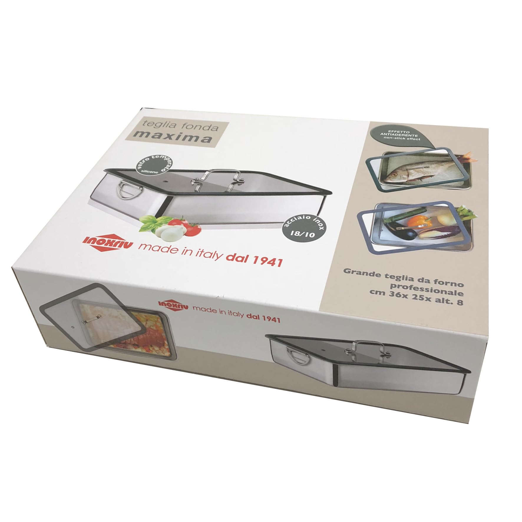 Inoxriv, Maxima Teglia da Forno Rettangolare con Coperchio in Vetro e Silicone, 36x25 cm, Acciaio Inox 18/10, Bordo Alto 8 cm, Made in Italy