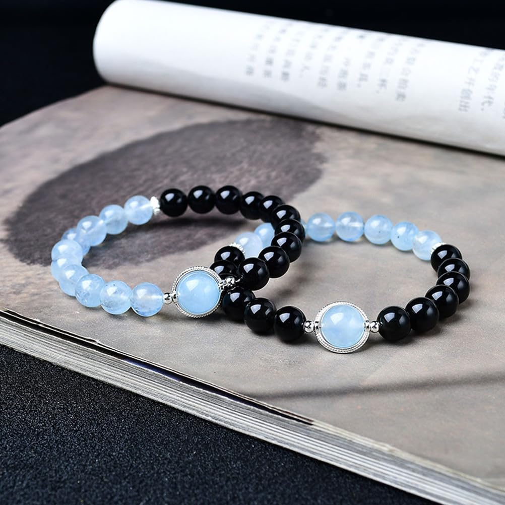 Pulseras de Cuentas de Cristal para Mujeres y Hombres, Pulseras de Aguamarina de obsidiana Negra para meditación, aliviar el estrés, equilibrar Las emociones, Piedras Naturales,A