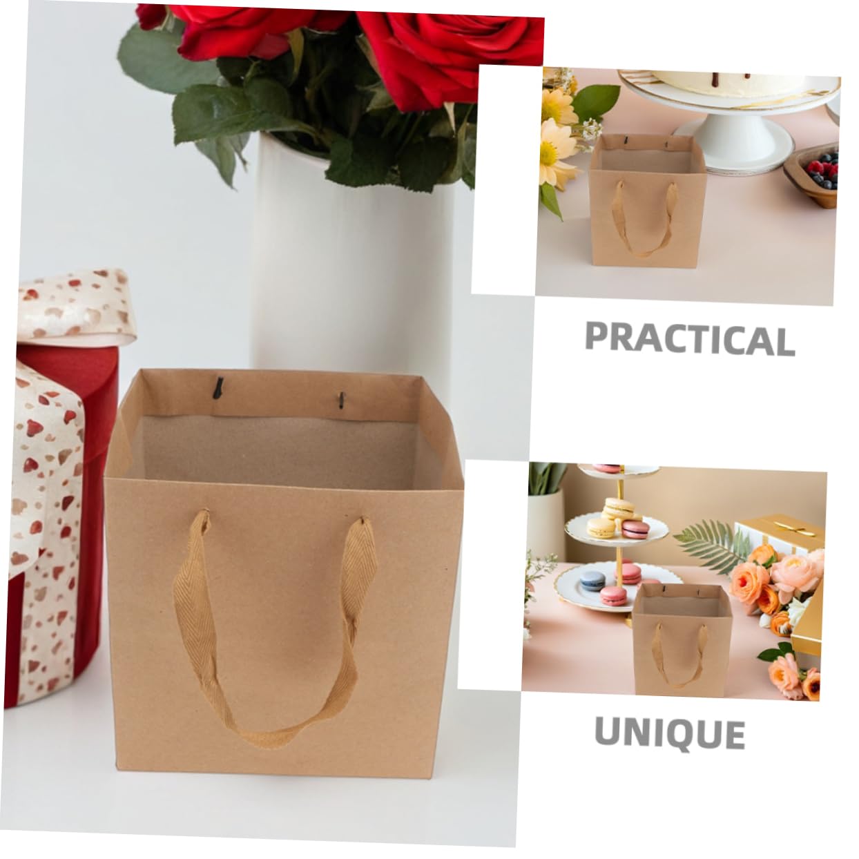 PRETYZOOM Bolsas de Papel Cuadradas con Asas 25x25x25 Cm para Flores Pasteles Bodas 10 Unidades