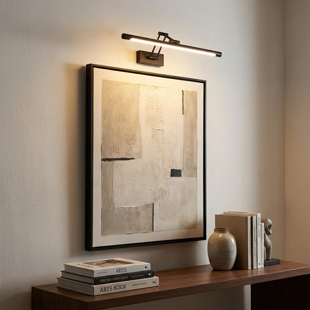 Alpinaluz Aplique LED para Cuadros 60 cm 12W en Aluminio Negro – Brazo Doble Articulado Orientable en 3 Ejes, Luz Cálida 2800K, Diseño Moderno Elegante para Iluminación Interior en Estudio y Hogar