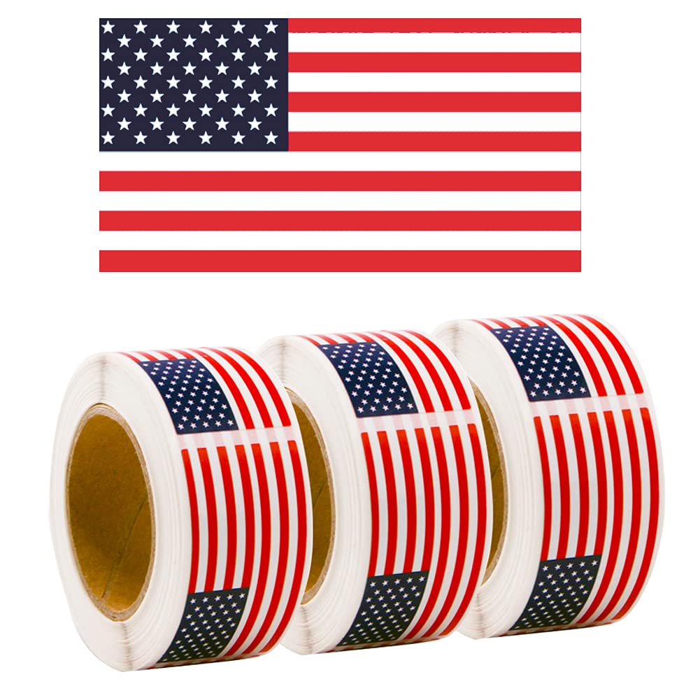 3 Pack 0.7 x 1.5 Inch American Flag Patriotic Stickers Roll - 750PCS Self Adhesive Patriotic Patriotic USA Flag Stickers. Great for 4th of July, Election Party, Campaign, Patriotic Party, Sport Game