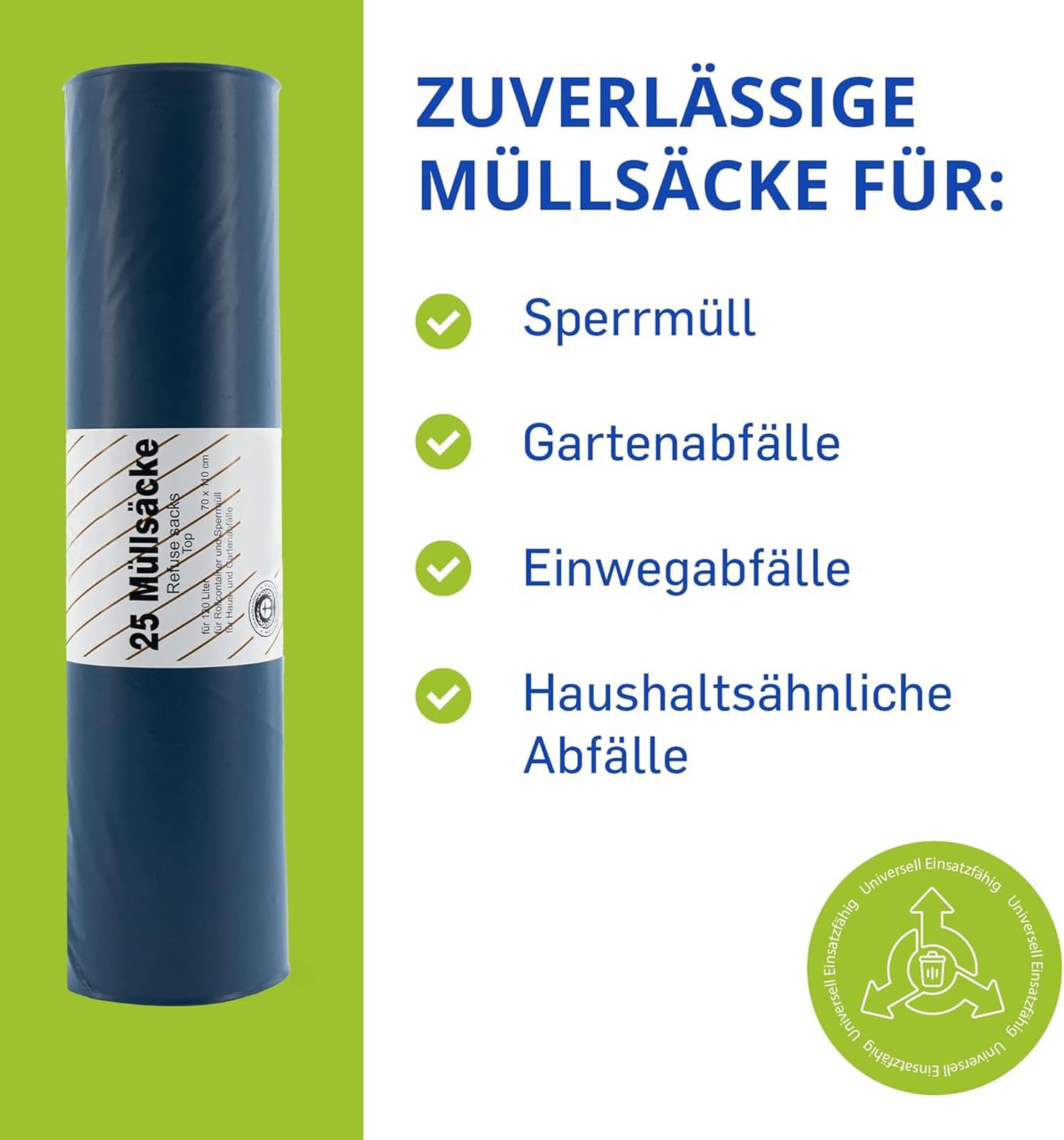 Hossi's Wholesale Worki na śmieci, 120 l, bardzo mocne, 60 my, 125 sztuk, 5 rolek worków na śmieci, odporne na rozerwanie, niebieskie, 700 x 1100 mm, LDPE, stabilne worki na śmieci, do gospodarstwa