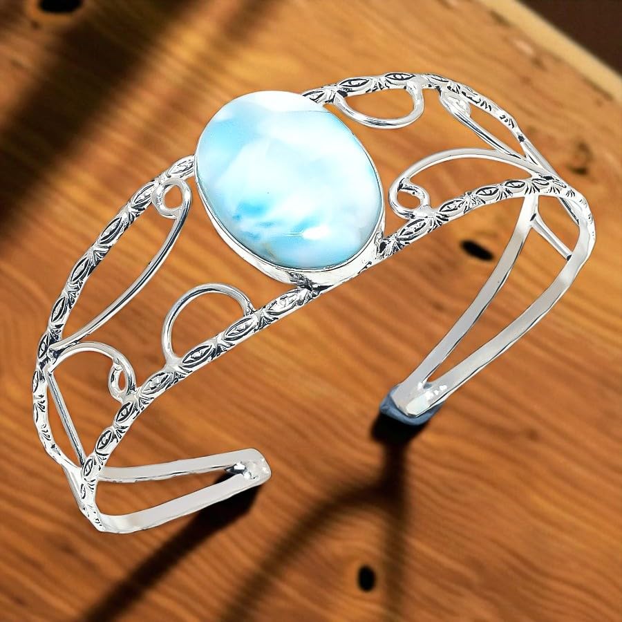 Republic Larimar Gemstone Handmade 925 Sterling Silver Adjustable Cuff Bracelet – Natural Caribbean Larimar, Hypoallergenic, Gift Ready3