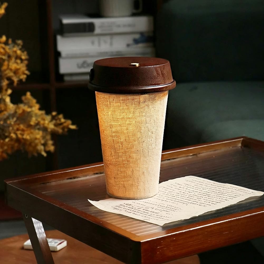 Kaffeetasse Nachttischlampe mit Touch Schalter Dimmbar Kabellos Tischlampe Holz + Stoff Lampenschirm Nachtlicht Kaffeetassen Dekorative Lampe Batterie Beleuchtung Innen Cafélampe